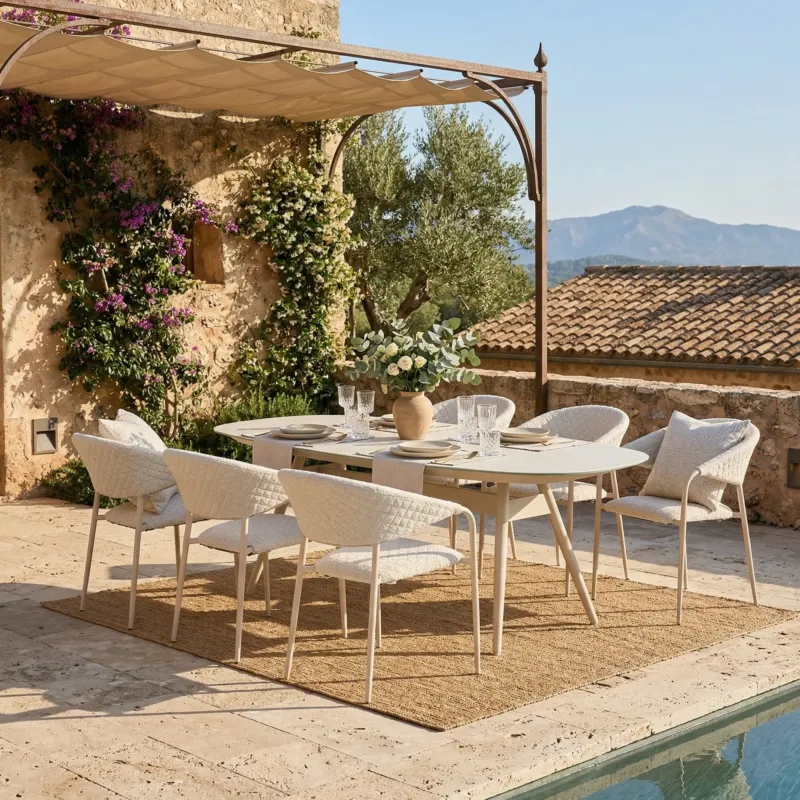 SUMMER SALE ☀️⛱️🏝️ LUXUS! Dining Set PURO – LIKA-TEX® 365 Tage draußen leben - 6 x Puro Stapelsessel in PEARL & 1 x Puro Tisch