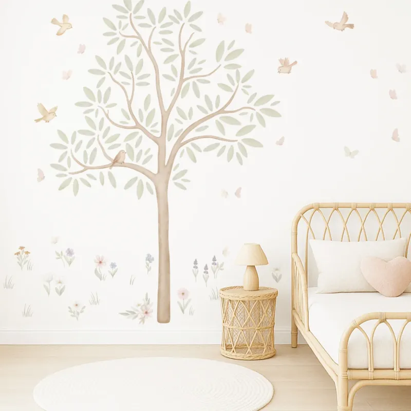 Wandtattoo Baum - Baum mit Blumenwiese, Vögeln und Schmetterlingen