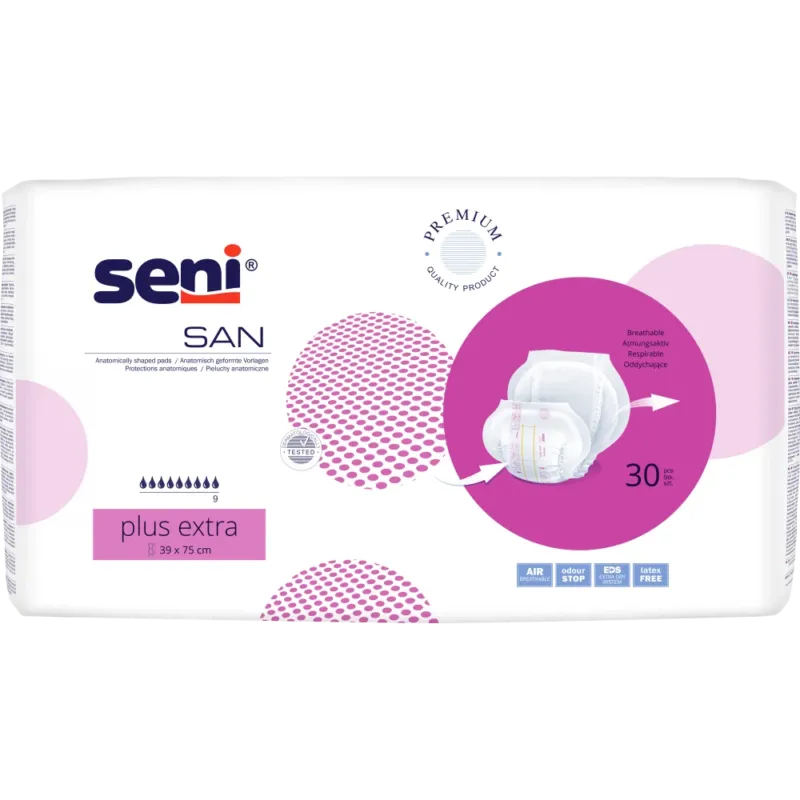 Seni San Plus Extra Inkontinenzvorlagen – Packung mit 30 Stück, Größe 39 × 75 cm.