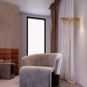 Stellar LED Stehlampe H 141cm Ø 40cm 3000K, goldene Design-Stehleuchte neben Sessel im modernen Wohnzimmer