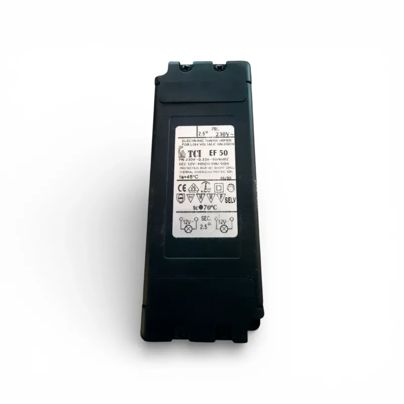 TCI EF50 elektronischer Transformator 12V 20-50W Halogen Trafo mit VDE Zeichen – 145x55x20mm Innenbereich IP20