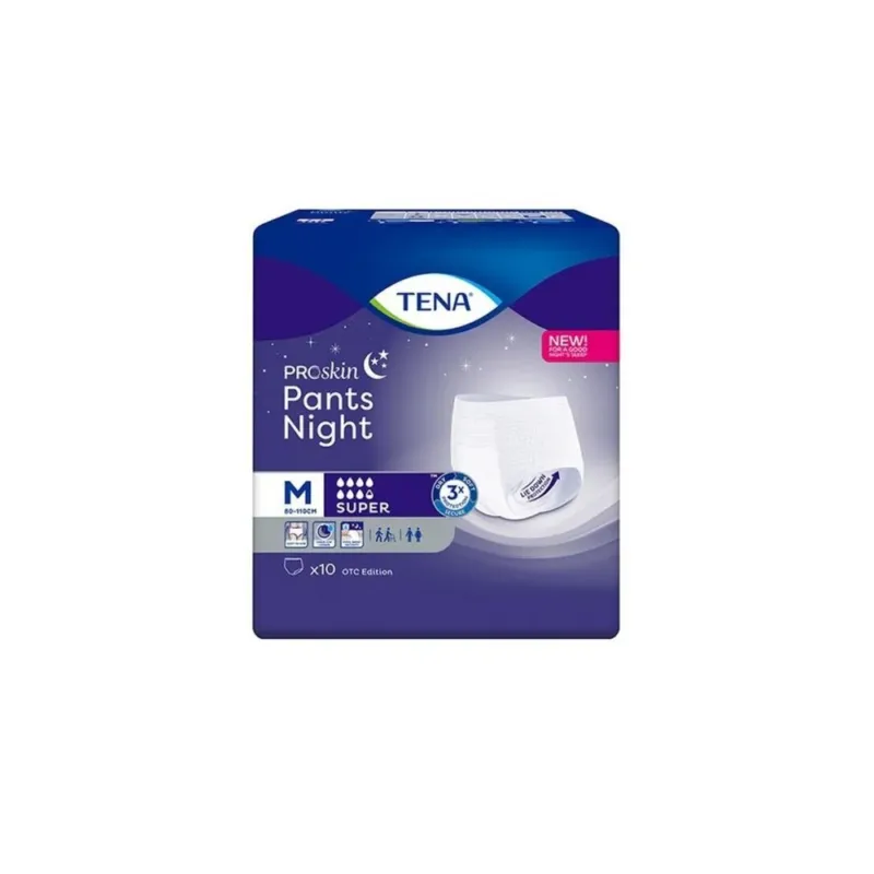 TENA ProSkin Pants Night Super - Inkontinenzhosen für Erwachsene. Das Produktbild zeigt eine Packung mit sechs TENA ProSkin Inkontinenzhosen, die in der Farbe Blau gestaltet ist. Die Hosen sind für nächtlichen Gebrauch gedacht und bieten zusätzlichen Schutz bei Inkontinenz. Auf der Vorderseite der Verpackung sind die Produktbezeichnung und Hinweise zur Verwendung klar abgebildet.