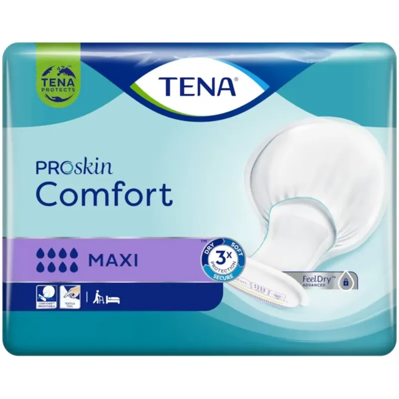 Ein Packungsbild von Tena Comfort Maxi, das eine Einweg-Inkontinenzunterlage zeigt. Die Verpackung ist überwiegend weiß mit hellblauen und grünen Akzenten. Im oberen Bereich befindet sich das Tena-Logo, gefolgt von der Produktbezeichnung „Comfort Maxi“. Unten auf der Verpackung sind Piktogramme zur Größen- und Saugstärkebewertung abgebildet. Im Hintergrund sind weiche Farbverläufe zu sehen, die eine angenehme Präsentation des Produkts unterstützen.