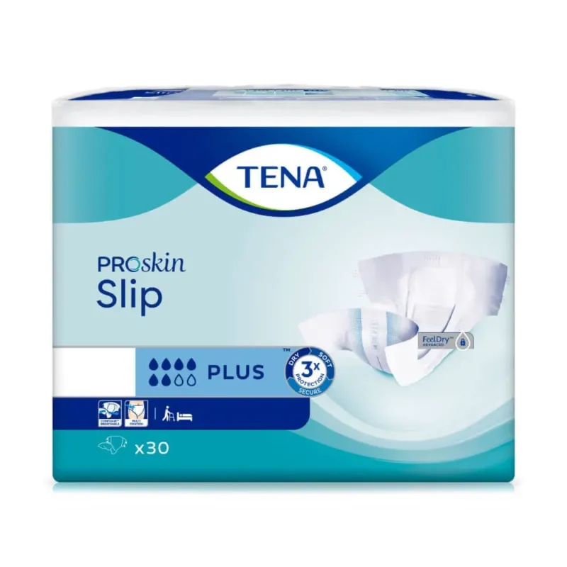 Produktbild von Tena Slip Plus ProSkin, einer speziellen Erwachsenen-Inkontinenzunterwäsche. Die Vorderansicht zeigt die atmungsaktive, seidige und flexible Oberfläche in Weiß mit einem sanften Blauen. Die Verpackung hebt wichtige Merkmale hervor, darunter die hohe Saugfähigkeit und Dermatologisch getestete Materialien für empfindliche Haut. Die Unterwäsche ist für optimalen Tragekomfort konzipiert und bietet Sicherheit bei Inkontinenz.