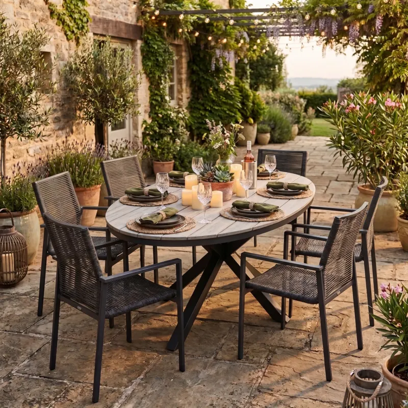 Garten-Essgruppe Volterra 180 × 115 × 74 cm mit 6 Stapelsesseln Zoe grau – Stilvoller Komfort für draußen