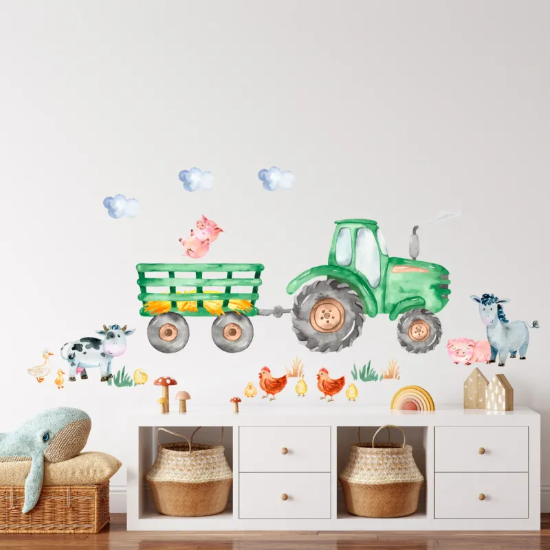Wandtattoo mit grünem Traktor und Bauernhoftieren im Kinderzimmer
