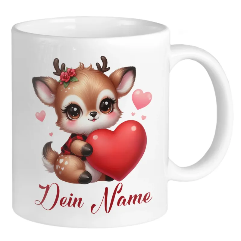 Tasse mit niedlichem Reh, rotem Herz und personalisierbarem Namen.