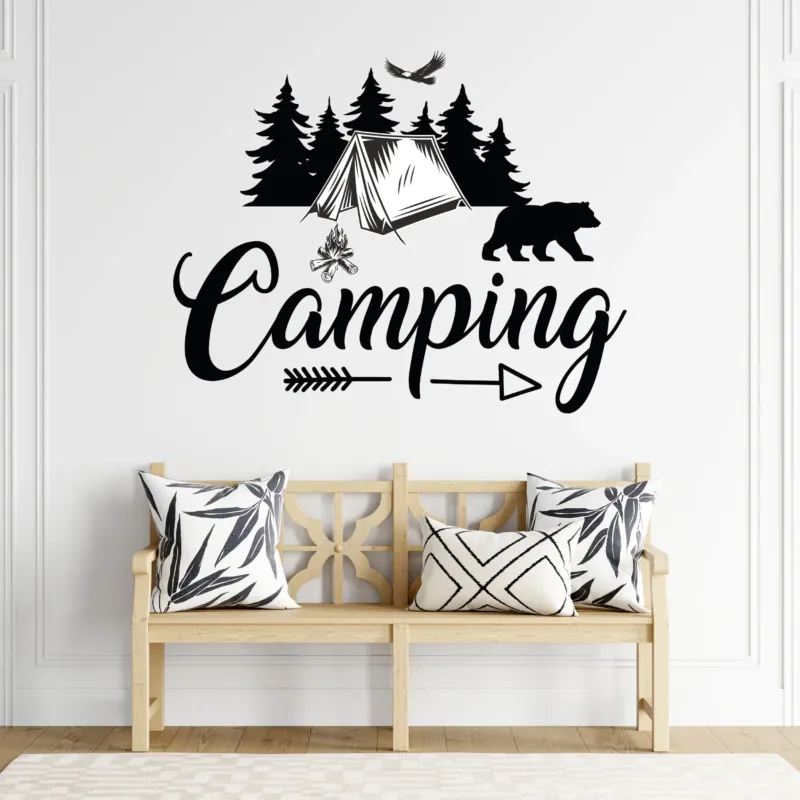 Schwarzer Camping-Wandaufkleber mit Zelt und Bär.