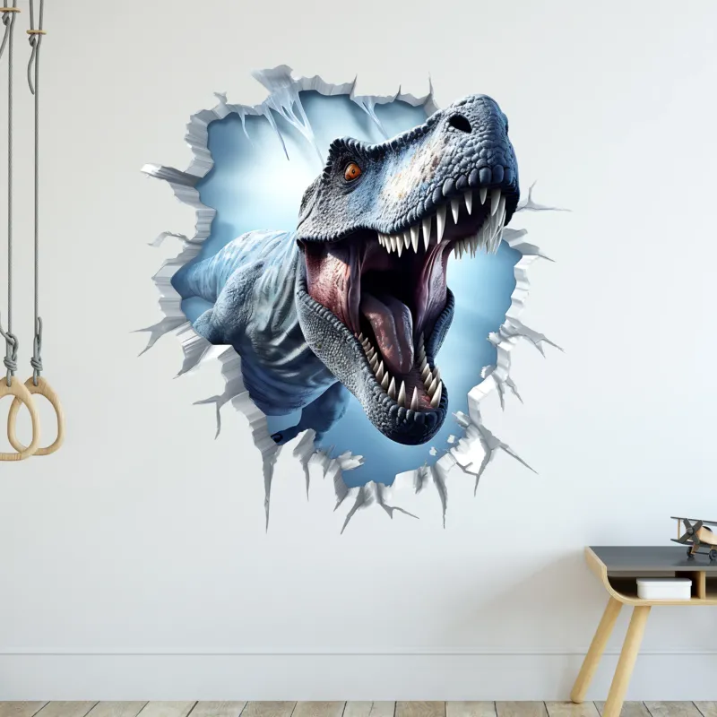 Wandtattoo mit blauem Tyrannosaurus Rex beim Wanddurchbruch