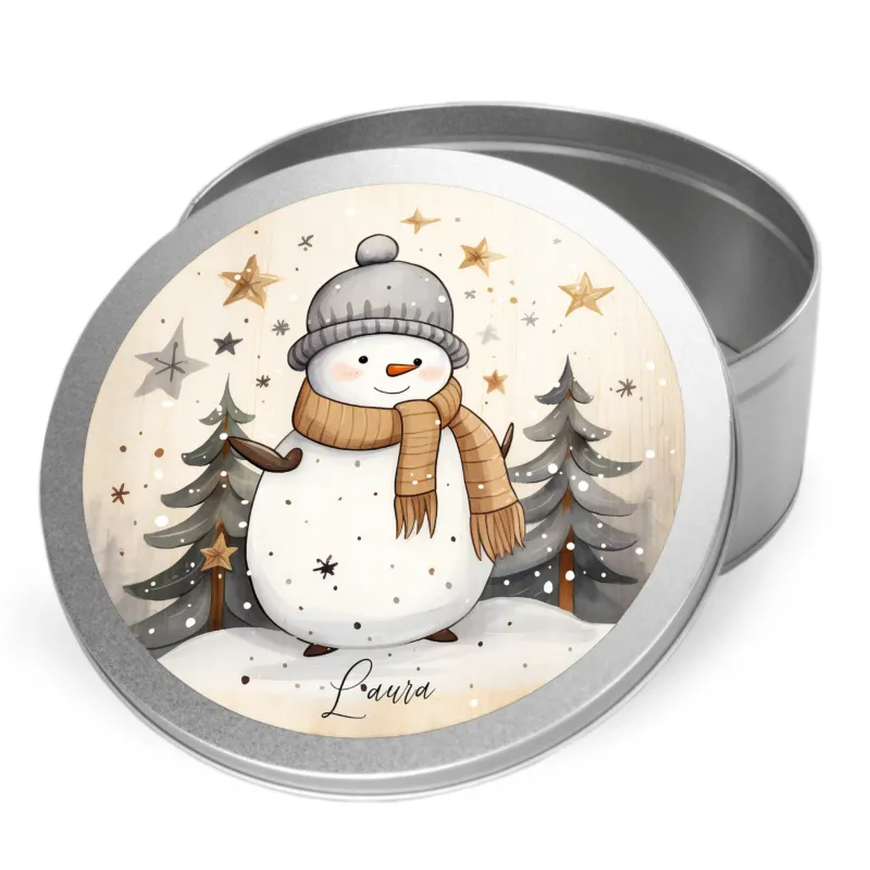 Blechdose mit Schneemann, grauer Hut und braunem Schal.