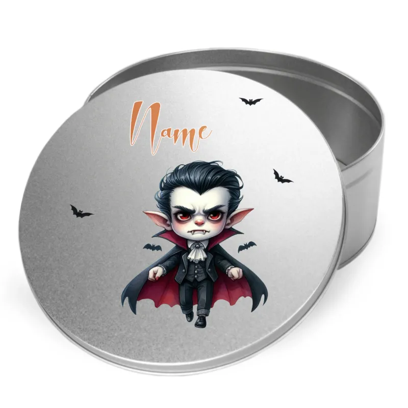 Runde Metalldose mit vampirischem Charakter und Fledermäusen.