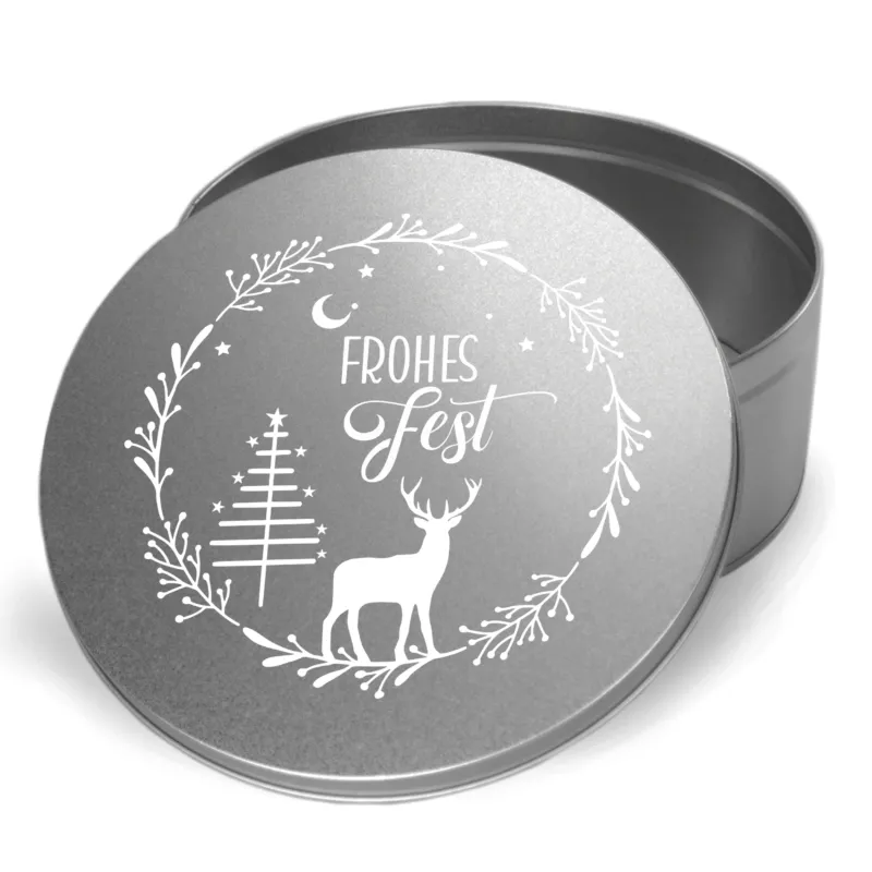 Silberne Dose mit Weihnachtsmotiv und Schriftzug "Frohes Fest".