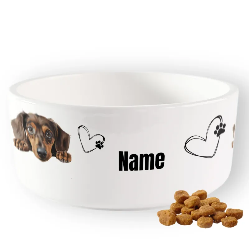 Hunde-Napf in Weiß mit personalisierbarem Namen und Hundemotiv.