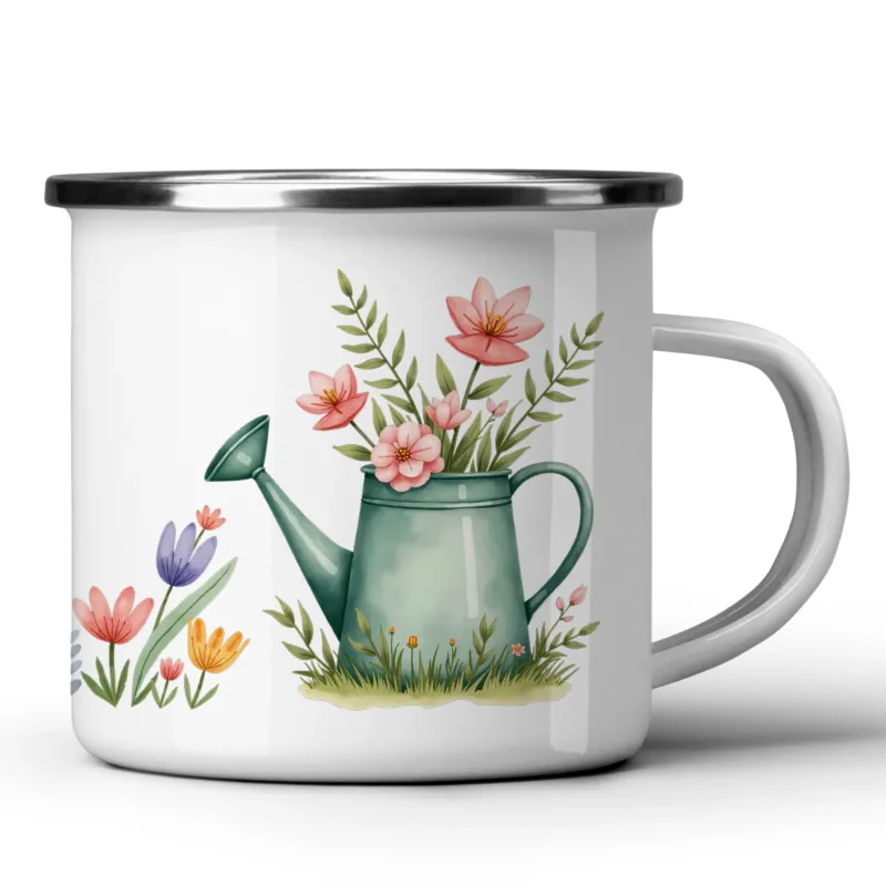 Grüne Gießkanne mit bunten Blumenmotiven.