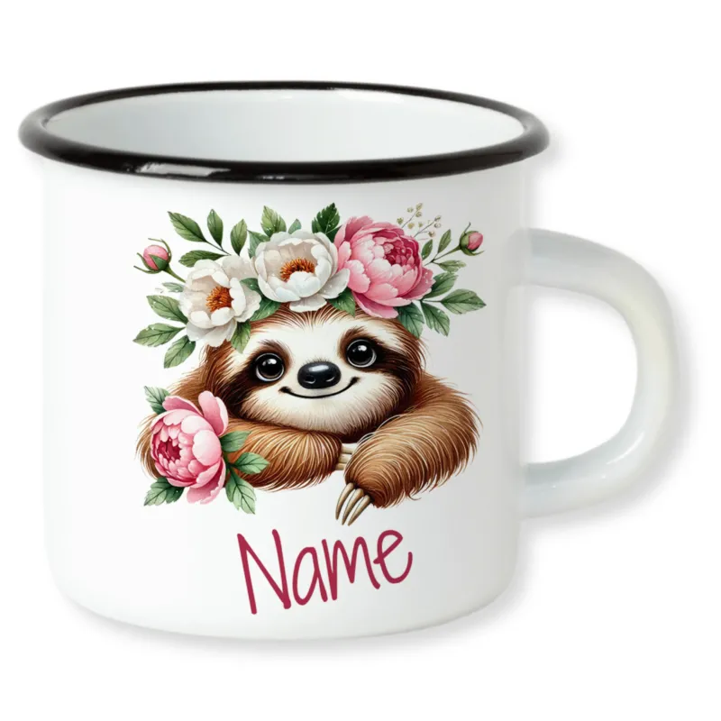 Emaillebecher mit Faultier und Blumen, personalisierbar.