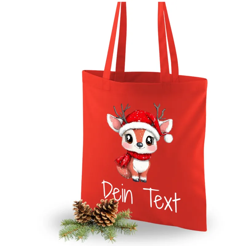 Rote Stofftasche mit Rentier-Motiv und personalisierbarem Text.