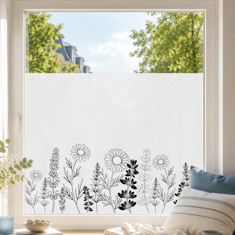 Fensterfolie mit schwarzen Blumenmotiven auf transparentem Hintergrund.