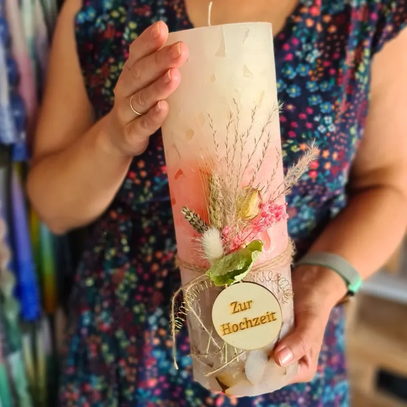 XXL Kerze Weiß-Rosa-Braun | Handgemacht | Geschenk zur Hochzeit, Taufe & Geburtstag