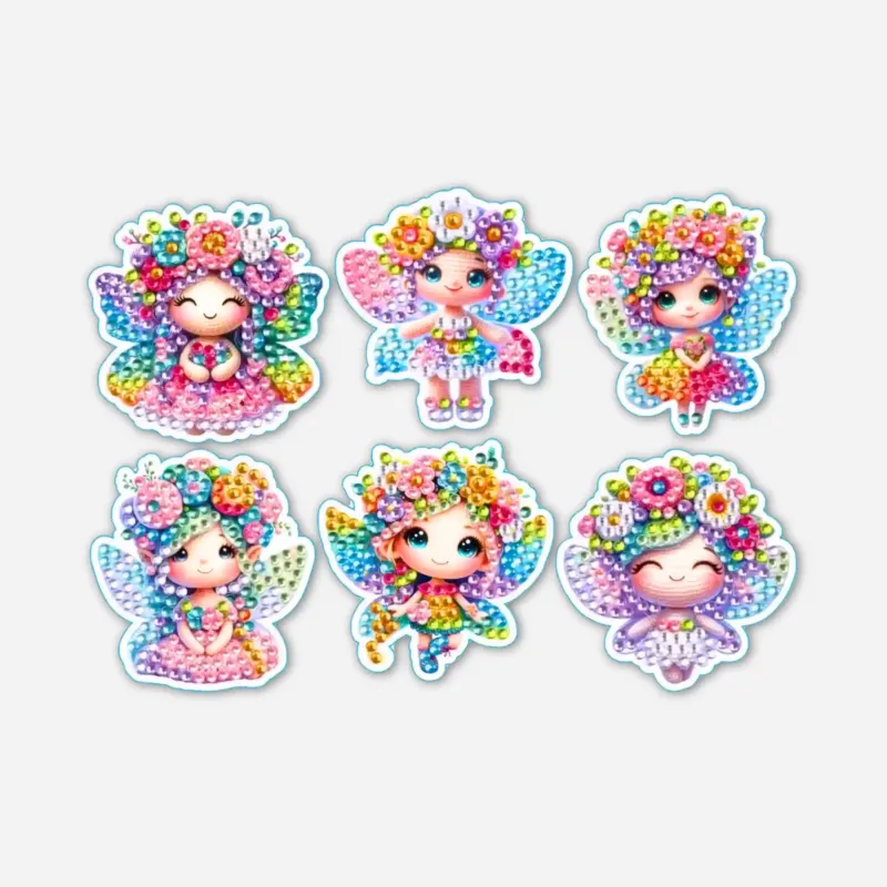 Sechs bunte Diamond Painting Sticker mit Blumenfeen-Motiven und glitzernden Steinchen für Kinder und DIY-Fans.