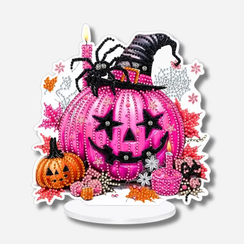 Diamond Painting Aufsteller pinker Kürbis mit Hexenhut und Spinne als kreative Halloween Dekoration zum Basteln