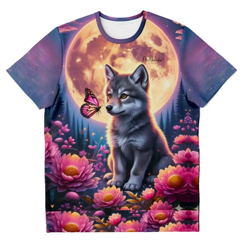 T-Shirt mit Wolf und Schmetterling Motiv im Stil von Diamond Painting und Malen nach Zahlen Kunstwerken