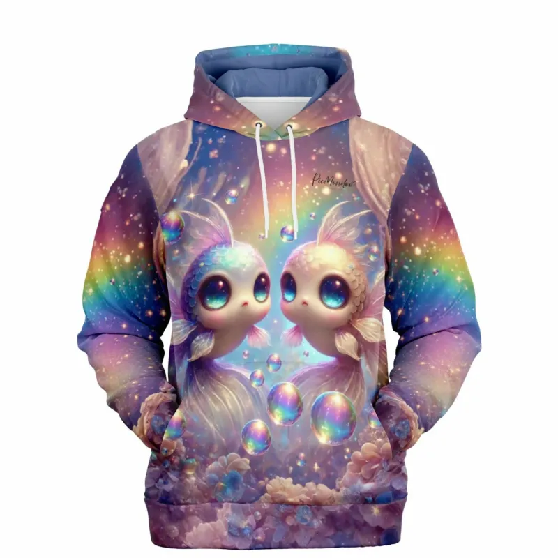 Dreamer Hoodie mit magischem Glitzerwelt-Motiv, niedlichen Fischen und Regenbogenfarben im Stil von Diamond Painting