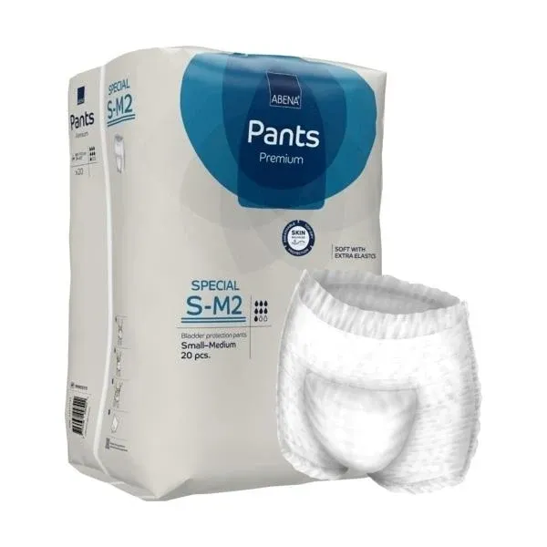 Abena Pants Premium, Größe S/M, in einer Verpackung mit einer klaren, modernen Gestaltung. Die Packung zeigt eine Farbpalette in Weiß, Blau und Grün und enthält mehrere Abbildungen von Personen, die die Hosen tragen. Auf der Vorderseite steht der Produktname "Abena Pants Premium" gut lesbar. Das Design vermittelt ein Gefühl von Komfort und Zuverlässigkeit. Die Verpackung ist leicht verständlich mit Symbolen, die den Gebrauch und die Vorteile der Produkte verdeutlichen.