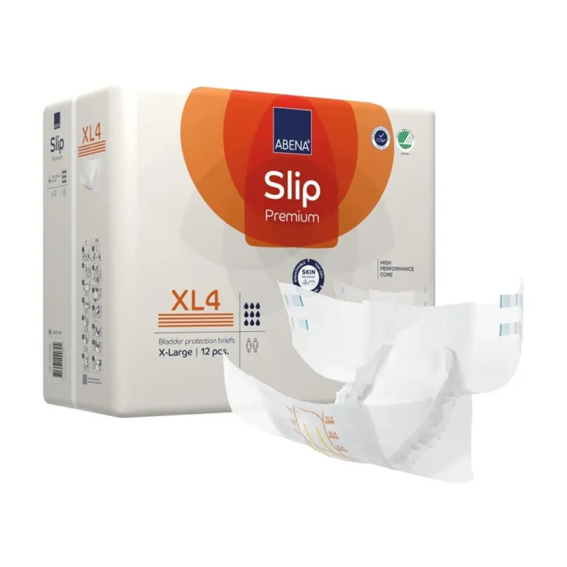 Abena Slip Premium XL4, hochwertige Inkontinenzunterwäsche für Erwachsene, auf einem weißen Hintergrund abgebildet. Die Einlage ist in einer großen, rechteckigen Form mit elastischen Bündchen an den Beinen und einer hohen Taille gestaltet. Die Oberfläche zeigt eine weiche, atmungsaktive Struktur, die Komfort und Sicherheit vermittelt. Die Vorderseite ist mit einer feinen Musterung versehen, während die Rückseite nahtlos aussieht.