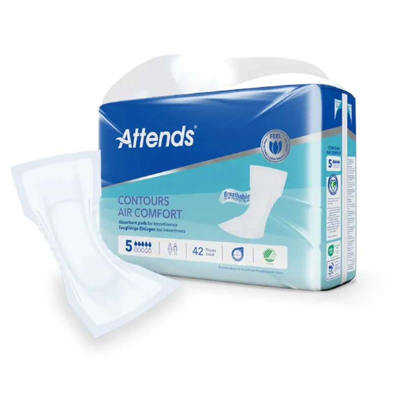 Das Bild zeigt eine Verpackung mit Attends Contours Air Comfort 5 Inkontinenzhilfen. Die Verpackung ist in einem frischen, hellen Blau gehalten und zeigt eine Frontansicht des Produkts, das in einer transparenten Abbildung deutlich sichtbar ist. Auf der Verpackung sind die Hauptmerkmale wie „hohe Saugkraft“ und „atmungsaktiv“ hervorgehoben. Zudem sind Piktogramme zur Anschaulichkeit angebracht. Der Hintergrund ist ein neutraler Farbton, wodurch das Produkt und die Informationen gut zur Geltung kommen.