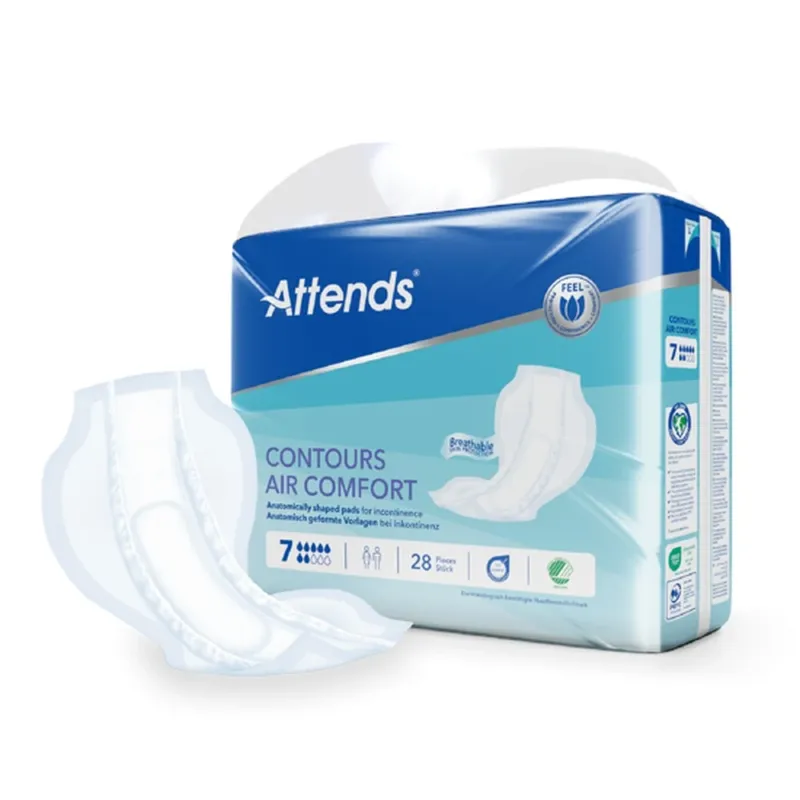 Ein Produktbild zeigt die Attends Contours Air Comfort 7 Vorlagen in einer transparenten Verpackung. Die Vorlage hat eine anatomische Form, die eine optimale Passform und mehr Komfort bietet. Sie besteht aus einem weichen Material mit einem atmungsaktiven Design. Auf der Verpackungsfront sind die Worte "Attends Contours Air Comfort 7" sowie eine grafische Darstellung der Vorlage zu sehen. Die Farbpalette enthält helle Blau- und Weißtöne, die für eine hygienische und frische Ästhetik sorgen.