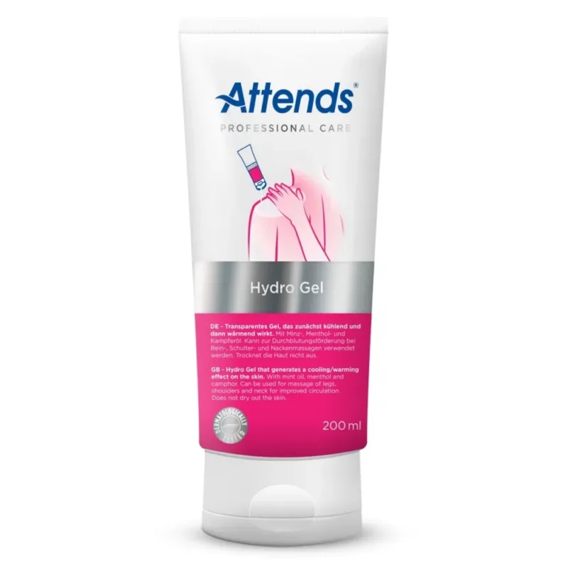 Bild eines Attends Professional Care Hydro-Gels in einer 200 ml Flasche. Die Flasche hat einen weißen, leicht transparenten Körper mit einem praktischen Pumpkopf, der eine hygienische Entnahme des Gels ermöglicht. Das Gel ist in einem sauberen und modernen Design verpackt, mit einer klaren Beschriftung in blau und grau. Im Hintergrund ist ein neutraler, hellgrauer Farbton, der das Produkt hervorhebt. Das Hydro-Gel ist für die Hautpflege gedacht und vermittelt Professionalität und Qualität.