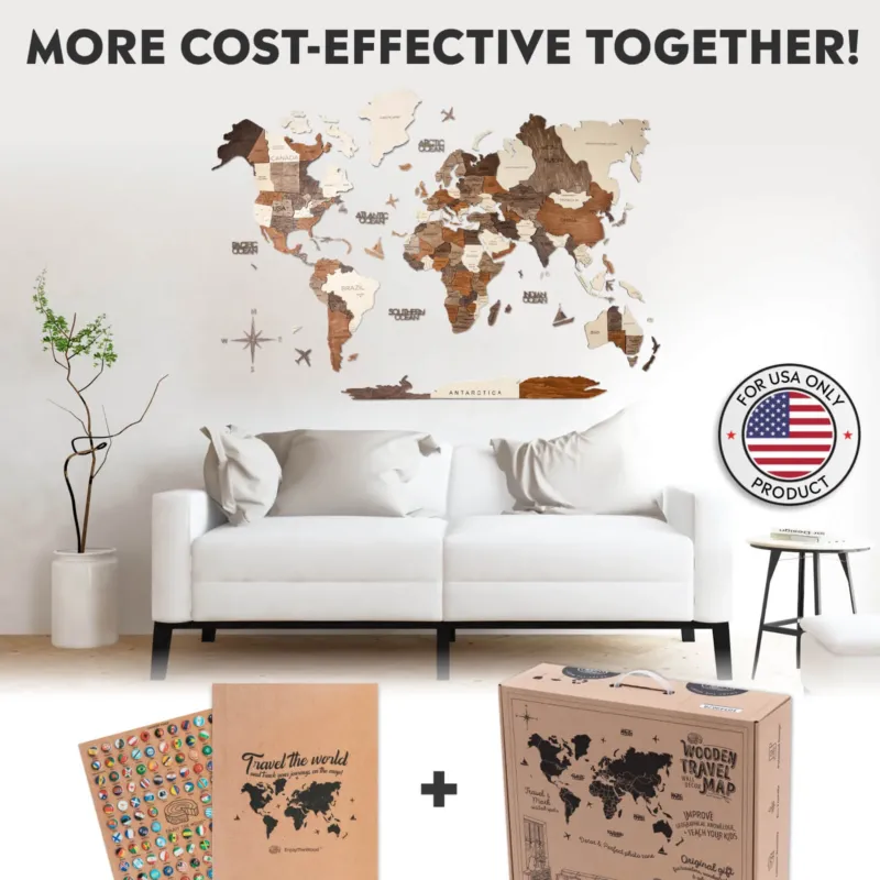 Wall Decor Bundle: 3D Wooden World Map with Flag Pins by Enjoy The Wood