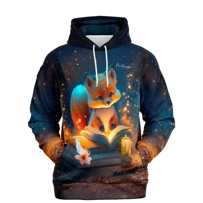 Dreamer Hoodie mit niedlichem Fuchs, der in einem magischen Buch liest, perfekt für Fans von Diamond Painting Motiven.