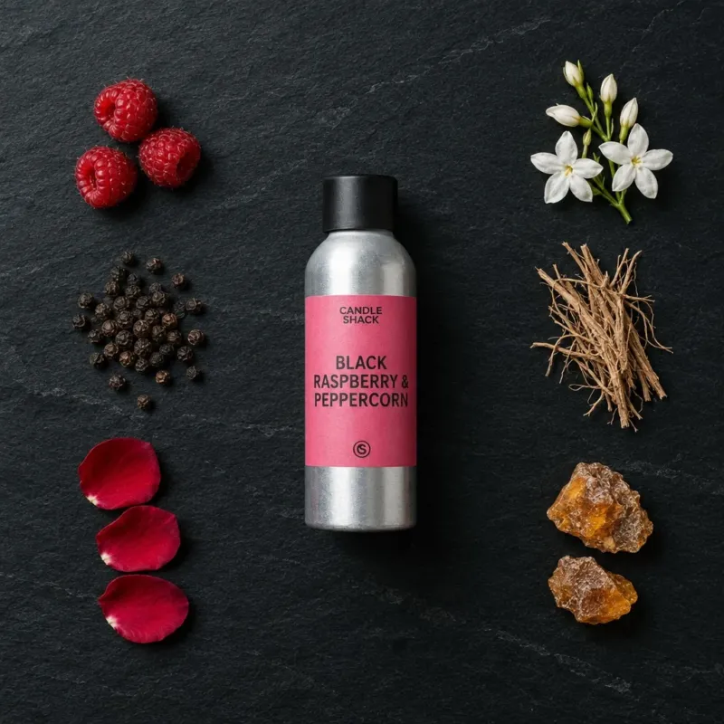 Black Raspberry & Peppercorn fragrance oil - Candle Shack aluminium bottle with dried botanicals on a dark slate background