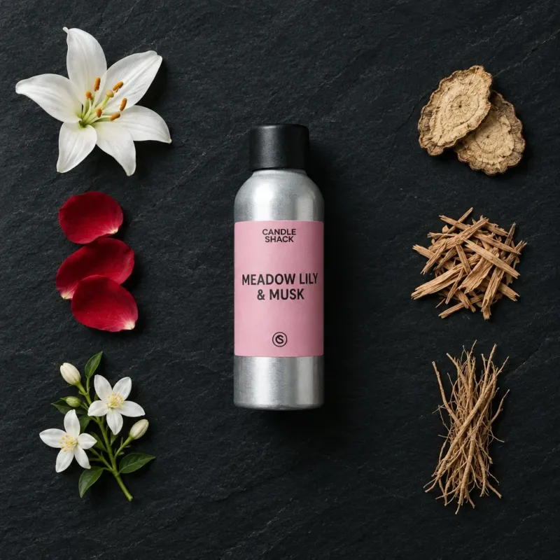 Meadow Lily & Cotton Musk fragrance oil - Candle Shack aluminium bottle with dried botanicals on a dark slate background
