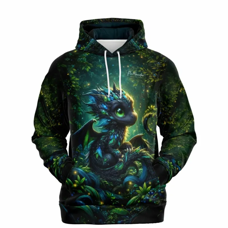 Dreamer Hoodie Drago – kleiner Drache in mystischem Wald, vollflächiger Allover-Print für Fans von Diamond Painting
