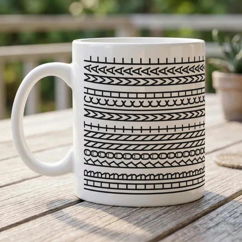 Weiße Tasse mit modernem Schwarz-Weiß-Muster auf einem Holztisch im Außenbereich