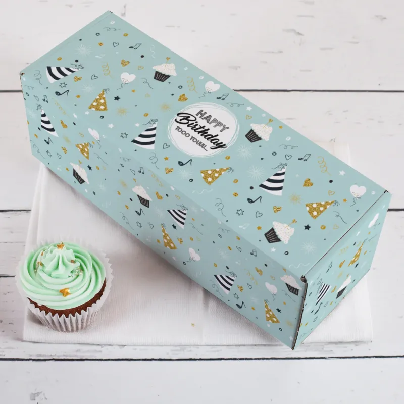 Seitenansicht der geschlossenen Geburtstagsbox mit Cupcakes, Konfetti und Musiknoten