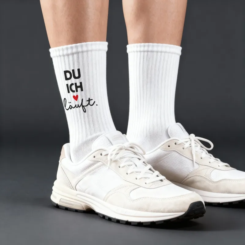 Model trägt weiße Socken mit Aufdruck „DU ICH läuft.“ und rotem Herz, kombiniert mit weißen Sneakern