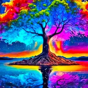 Diamond Painting Set mit buntem Fantasy-Baum in 100 Farben, der sich in leuchtenden Farben im Wasser spiegelt