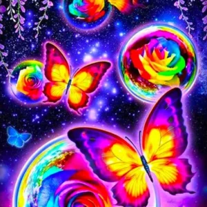 Diamond Painting Set Schmetterlingstanz mit bunten Rosen in Seifenblasen und glitzernden AB Steinen in 40x60cm