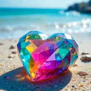 Buntes Kristallherz als Diamond Painting Set mit funkelnden Strasssteinen vor einer sonnigen Strandlandschaft am Meer.