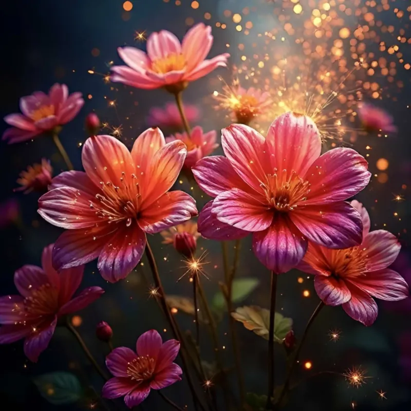 Diamond Painting Set Flower Sparkle mit leuchtenden rosa Blumen, Glitzersteinen und magischem Feenstaubeffekt in 50x50cm