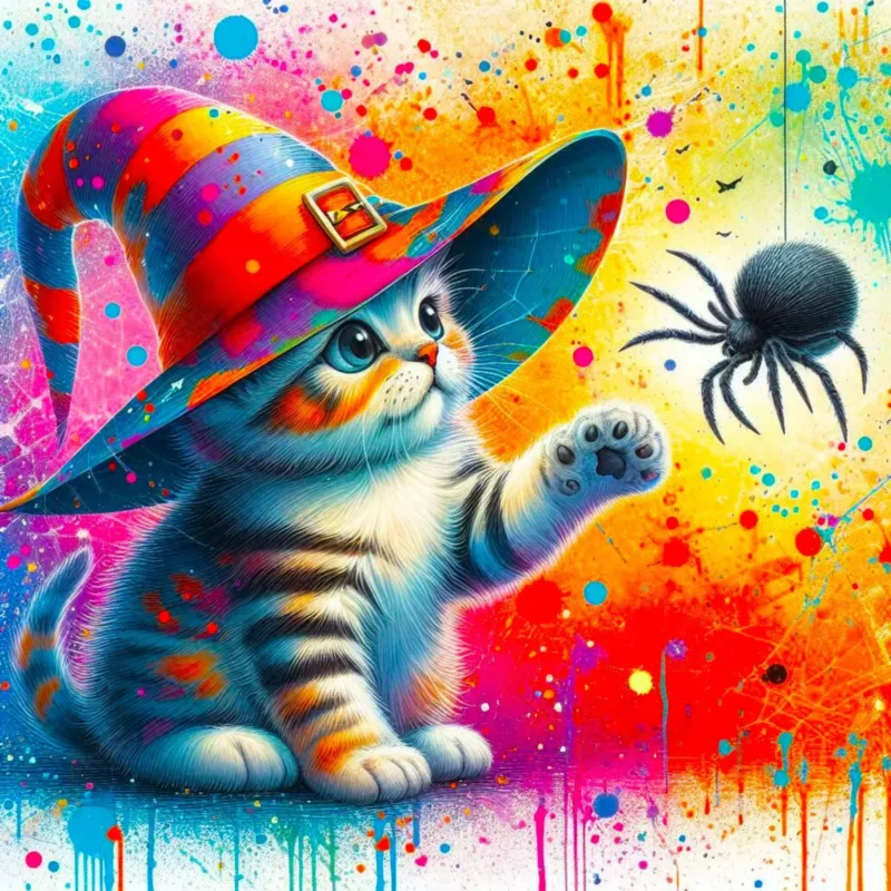 Buntes Diamond Painting Set Zauberkatze mit Hexenhut und Spinne, detailliertes Motiv mit glitzernden Strasssteinen