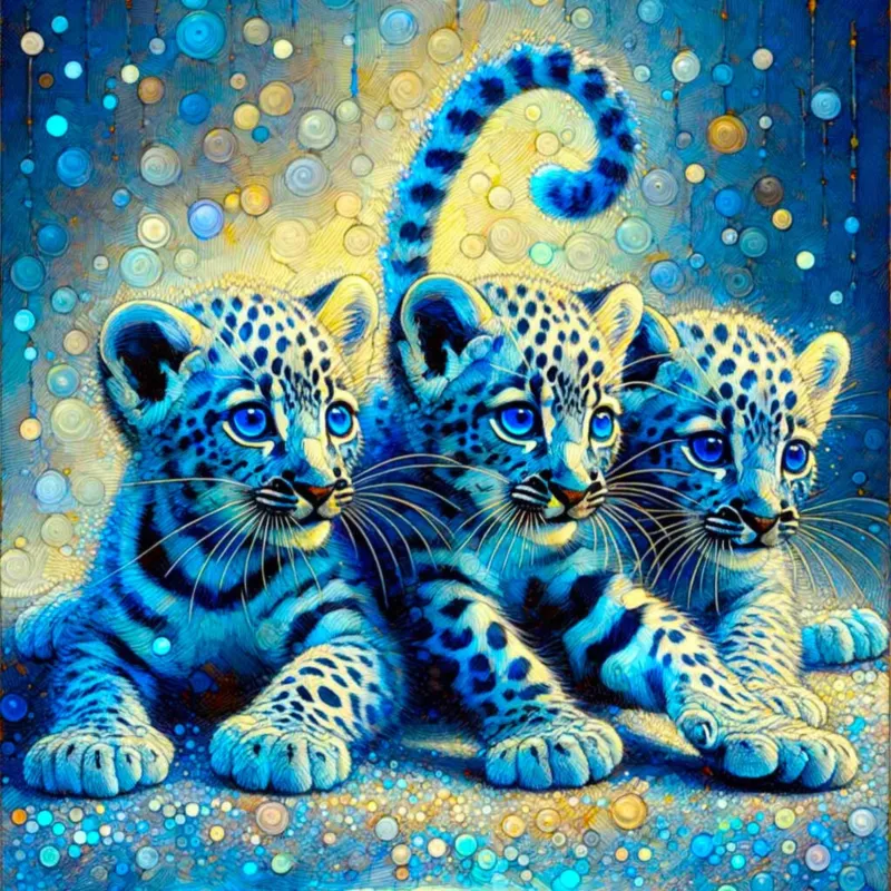 Diamond Painting Set mit drei süßen Leopardenbabys in leuchtendem Blau und Fantasy-Optik mit funkelnden Steinen