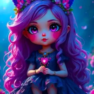 Diamond Painting Set Fantasy Mädchen mit lila Haaren, Blumenkrone und funkelnden Strasssteinen im Blumenwald