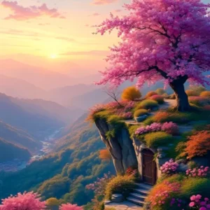 Diamond Painting Morgendämmerung mit pinkem Kirschblütenbaum, Felslandschaft, Wanderweg und rosa Sonnenuntergangshimmel.