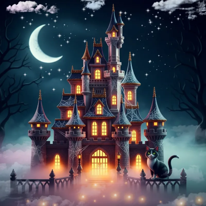 Diamond Painting Nachtschloss mit Katze: Magisches Fantasy-Schloss bei Mondschein und Sternenhimmel mit Leuchtsteinen.