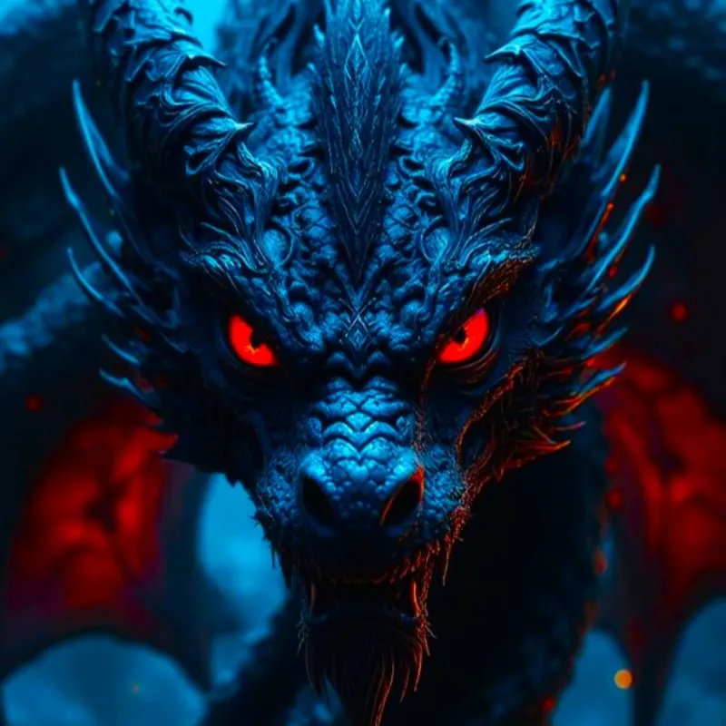 Diamond Painting Set mystischer blauer Drache mit leuchtend roten Augen im Fantasy-Stil auf Leinwand