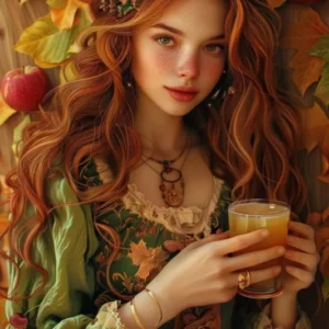 Diamond Painting Set Apfelmädchen Ruby mit kupferrotem Haar, Blättern und Apfelsaft in herbstlichem Fantasy-Stil
